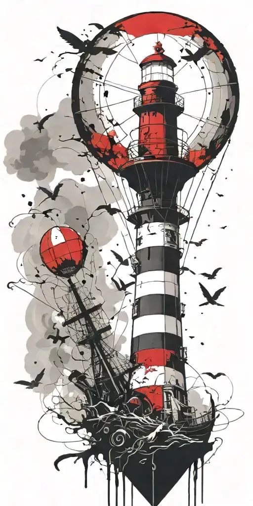 light house hot air balloon and shipwreck scene tattoo design idea