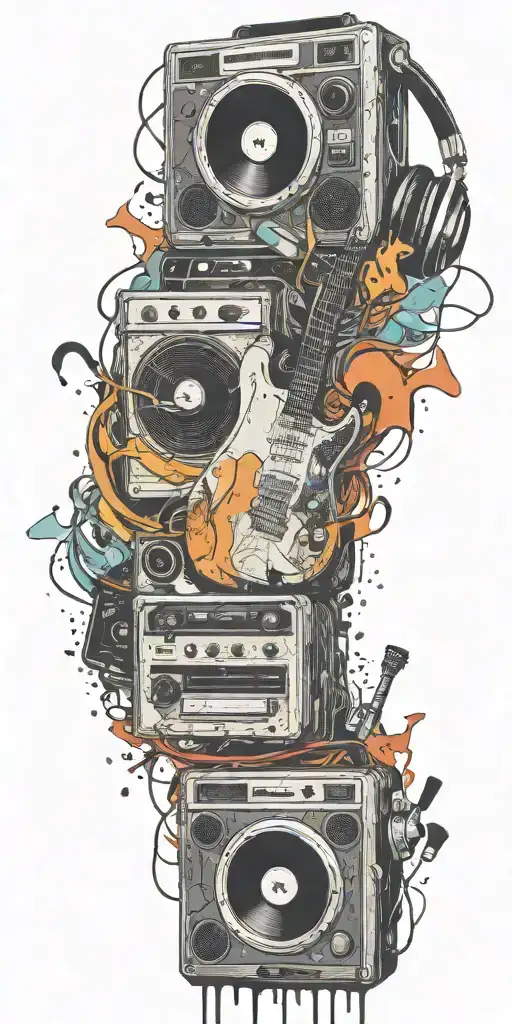 opened can of guitar, record player, cassette tape headphones dancing together  tattoo design idea