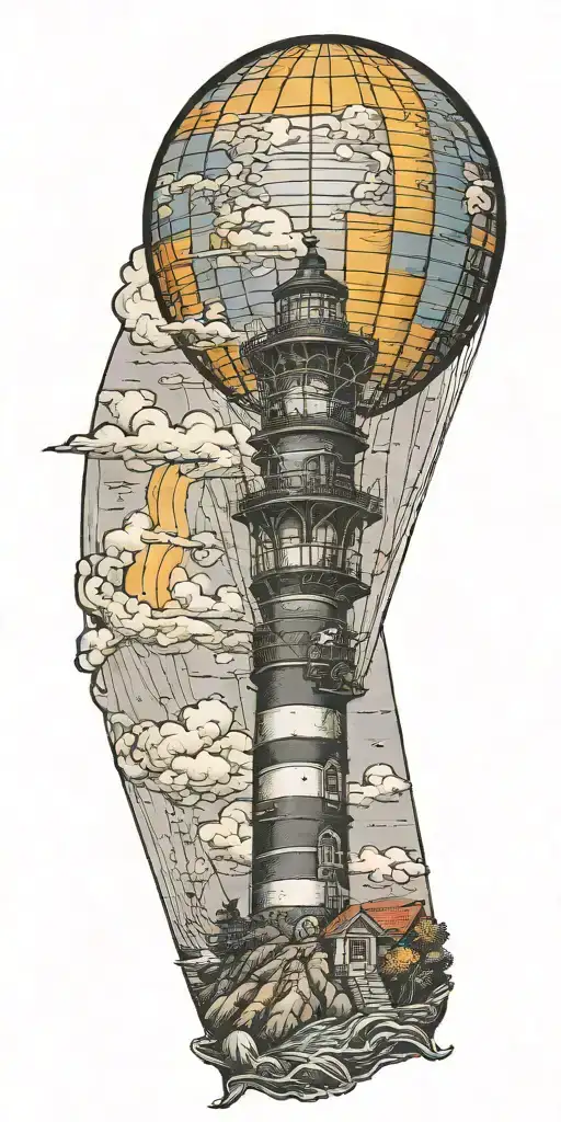 hot air balloon and a lighthouse in hurricane  tattoo design idea