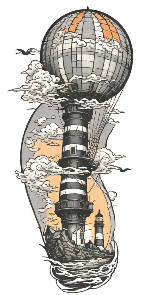 hot air balloon and a lighthouse in hurricane  tattoo design idea