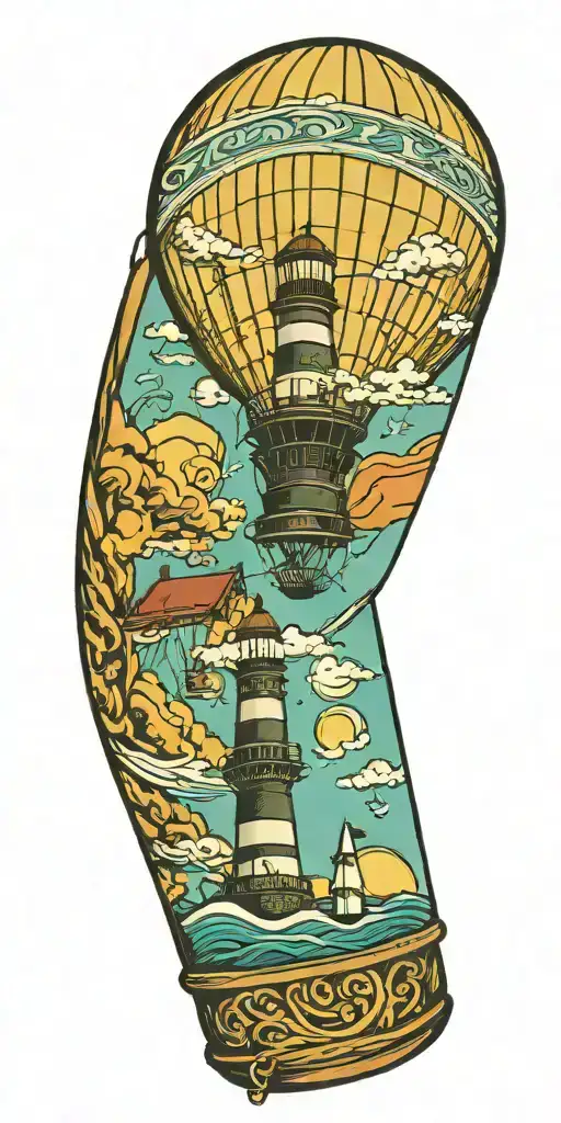 hot air balloon and a lighthouse in hurricane  tattoo design idea