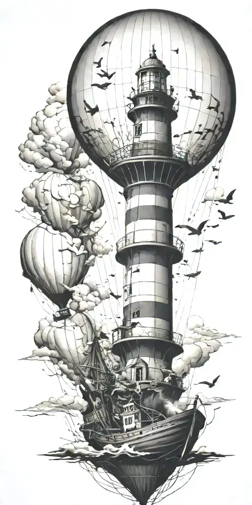 light house hot air balloon and shipwreck scene tattoo design idea