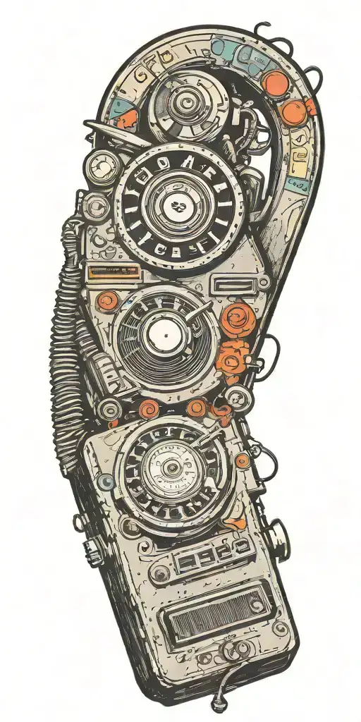 old school dial phone, record player, and radio tornado  tattoo design idea
