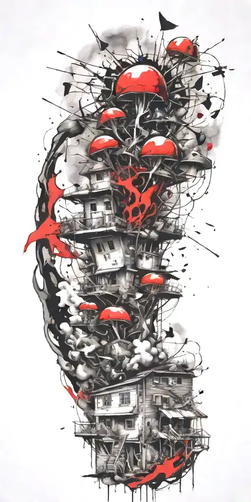 suburban tornado explosion by grenade on shrooms  tattoo design idea