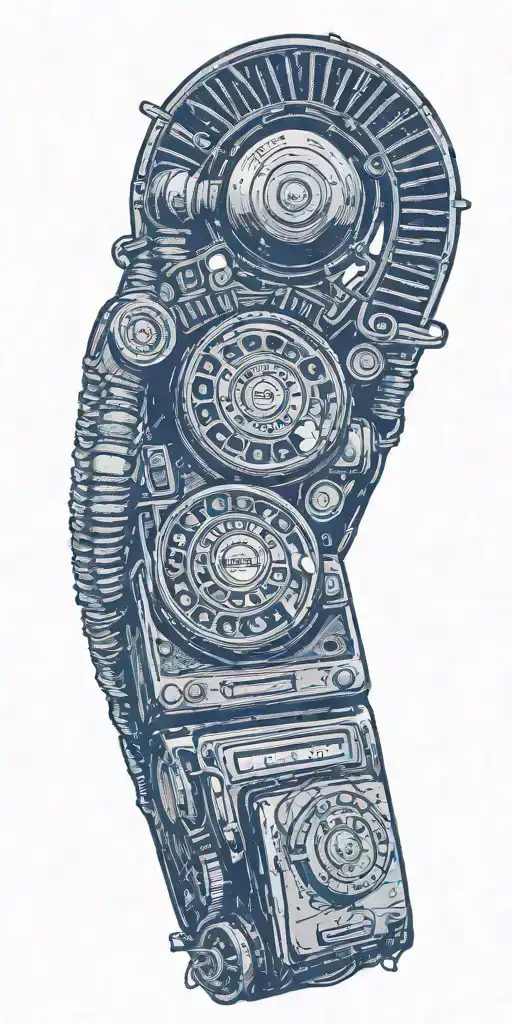 vintage old school dial phone, music speakers, and record player tornado  tattoo design idea