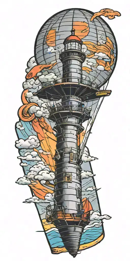 lighthouse hot air balloon and a banner plane flying in a tornado  tattoo design idea