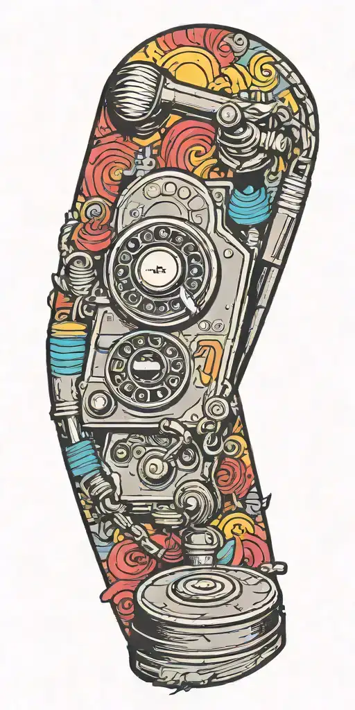old school dial phone, microphone, record player spinning tattoo design idea