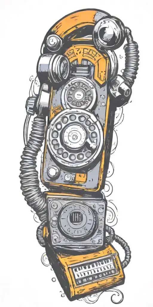 vintage old school dial phone, music speakers, and record player tornado  tattoo design idea