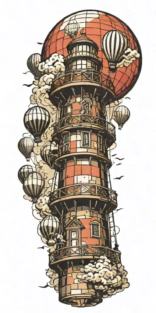 lighthouse with hot air balloons tattoo design idea