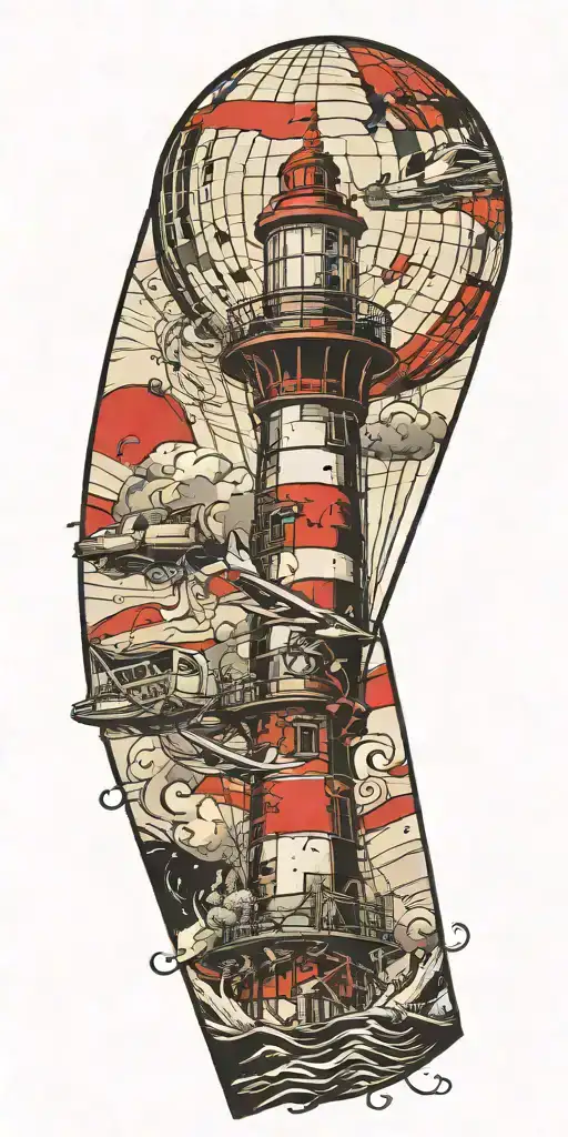 lighthouse hot air balloon and a banner plane a tornado  tattoo design idea