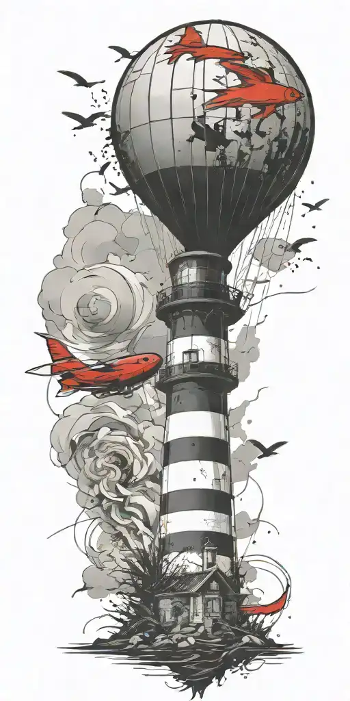 lighthouse and a blimp symbolizing never give up in a tornado  tattoo design idea