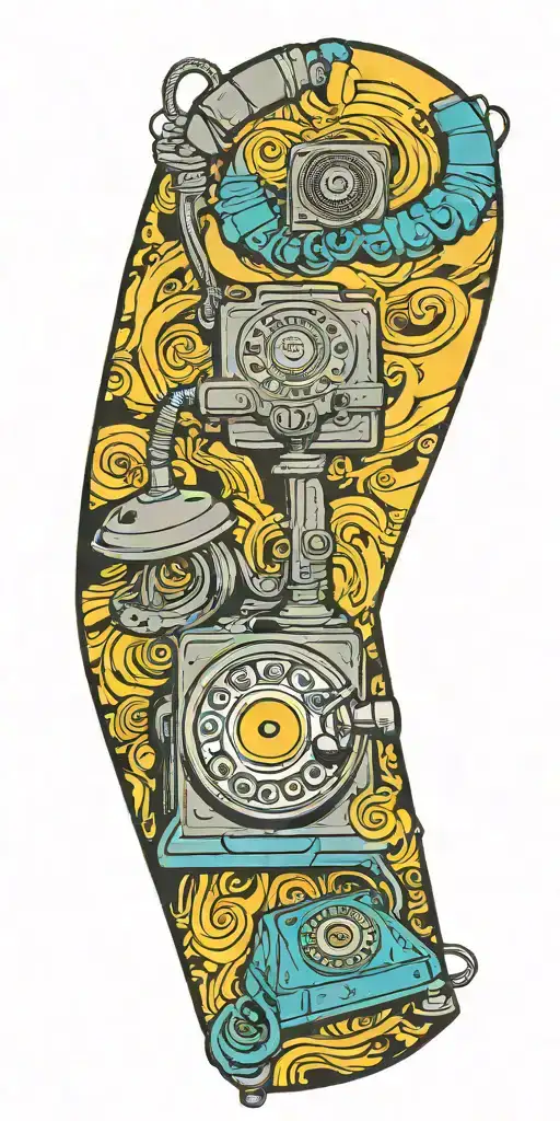 old school dial phone, music speakers, and record player tornado melting  tattoo design idea