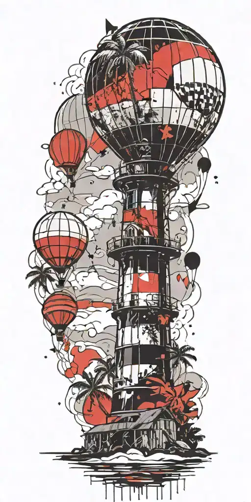 light house beach scene with palm trees and hot air balloons  tattoo design idea
