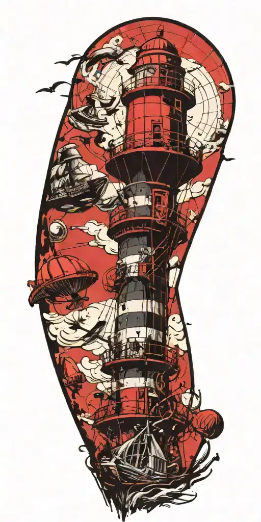 lighthouse mushroom hot air ballon's and a shipwreck  tattoo design idea