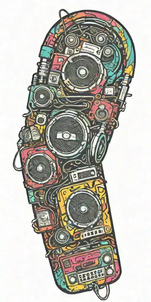 heaphones, speakers, microphone, record  player melting together  tattoo design idea