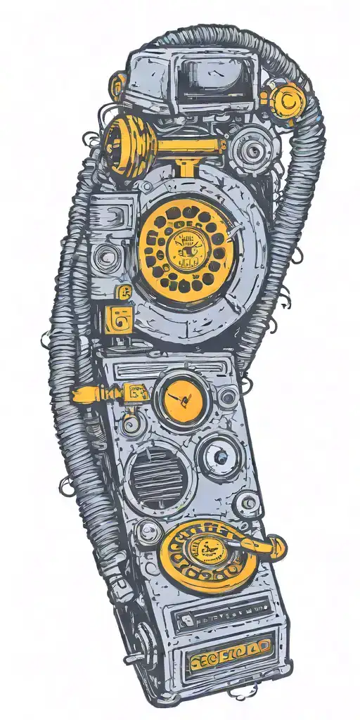 old school dial phone, record player, boom box tornado  tattoo design idea