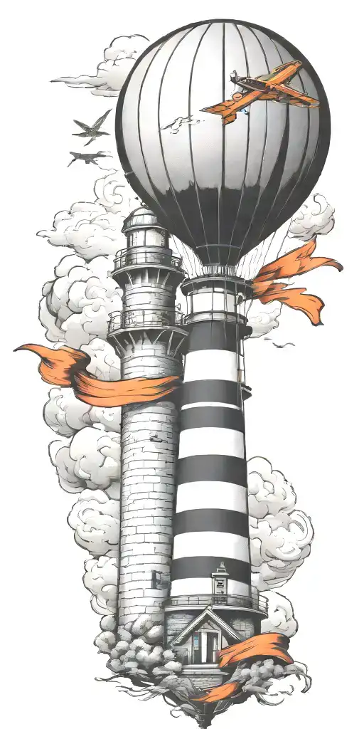 lighthouse hot air balloon and a banner plane a tornado  tattoo design idea