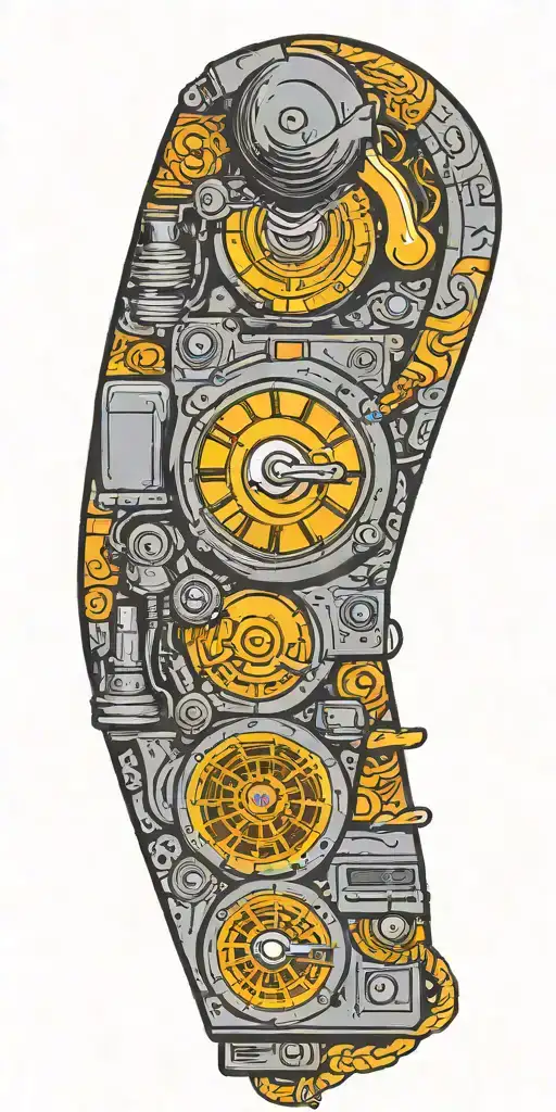old school dial phone, speakers, record player spinning tattoo design idea