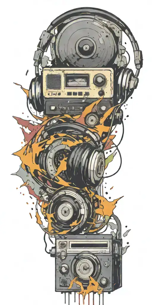 broken record player, cassette tape headphones in a bomb explosion  tattoo design idea