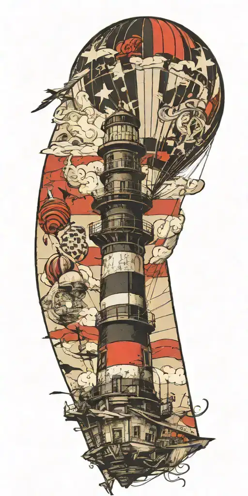 lighthouse hot air balloon and a banner plane a tornado  tattoo design idea