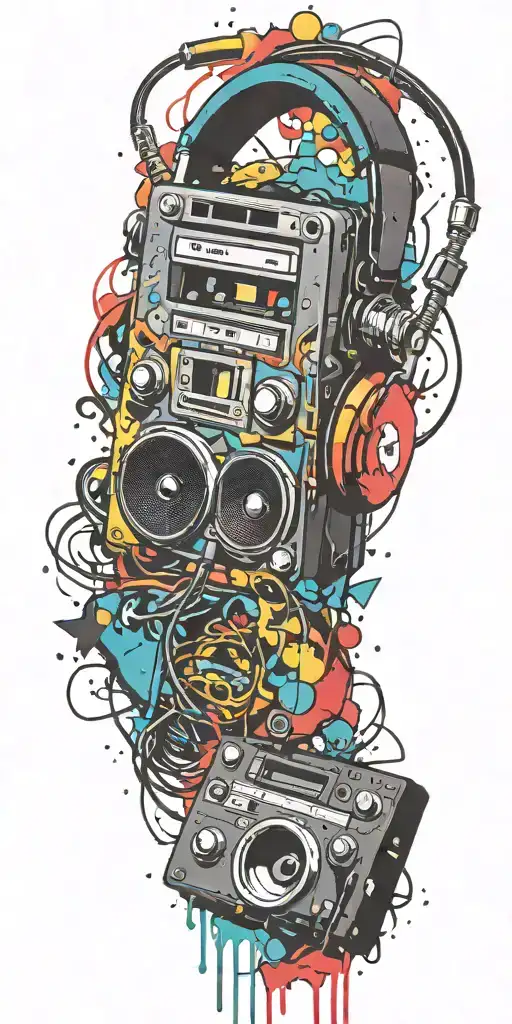 cassette tape, headphones, guitar bomb exploding tattoo design idea