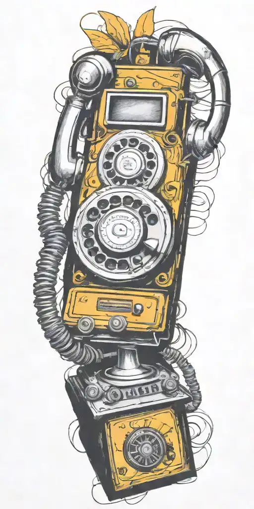 vintage old school dial phone, music speakers, and record player tornado  tattoo design idea