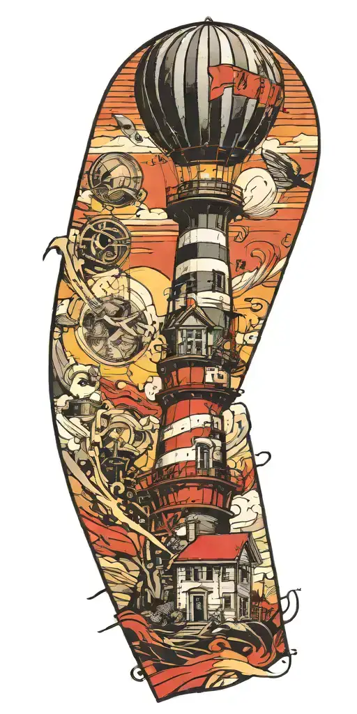 lighthouse and hot air balloon never give up in a tornado  tattoo design idea