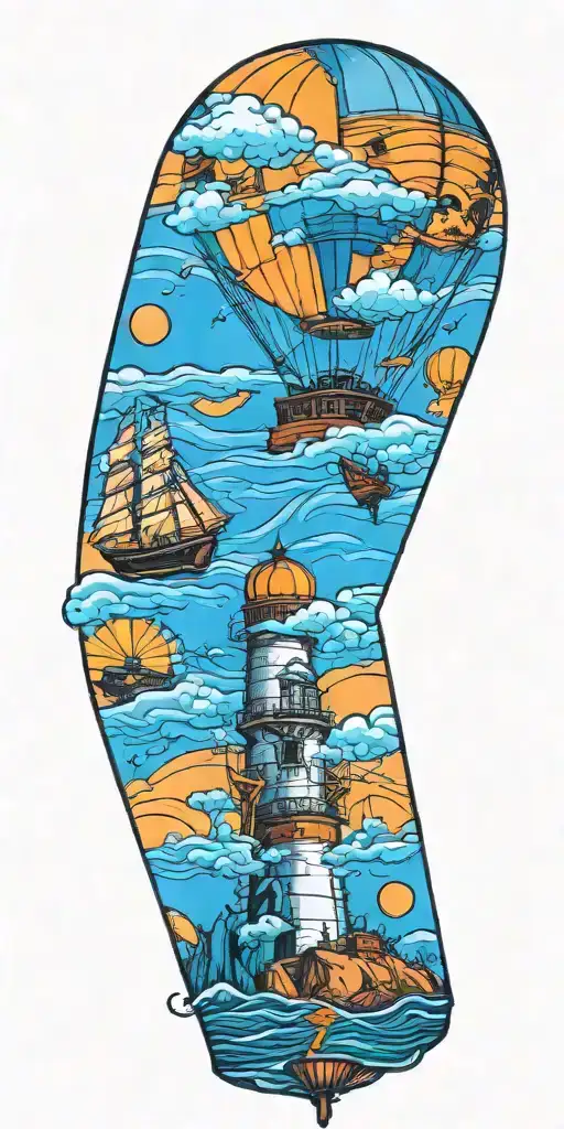 hot air balloon, lighthouse, and ship wreck tattoo design idea
