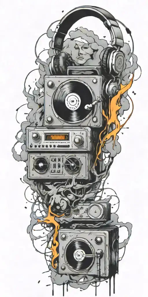 record player, headphones, guitar thunder storm  tattoo design idea