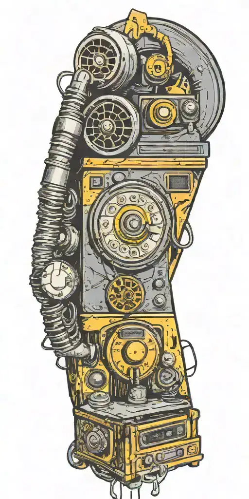 old school dial phone, music speakers, and record player tornado melting  tattoo design idea