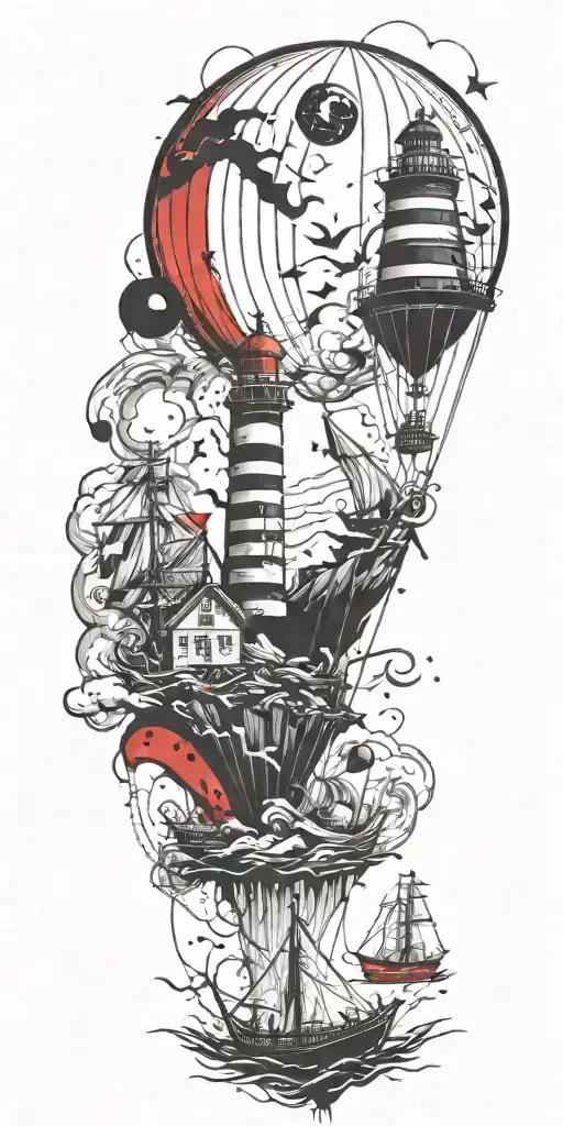 never give up air balloon, lighthouse, and pirateship in a hurricane   tattoo design idea