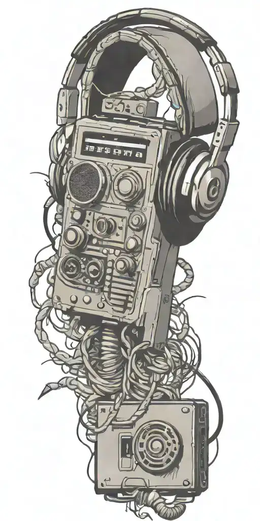 Grenade, cassette tape, headphones, guitar thunder storm  tattoo design idea