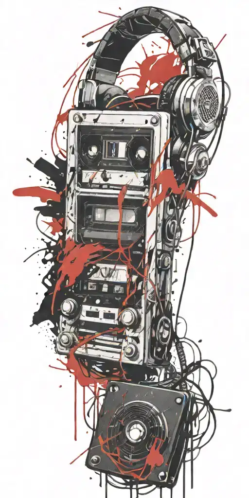 cassette tape, headphones, guitar bleeding knifes tattoo design idea