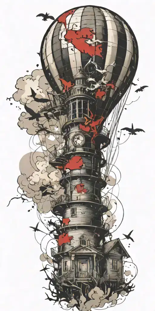 hot air balloon lighthouse in a tornado never give up tattoo design idea