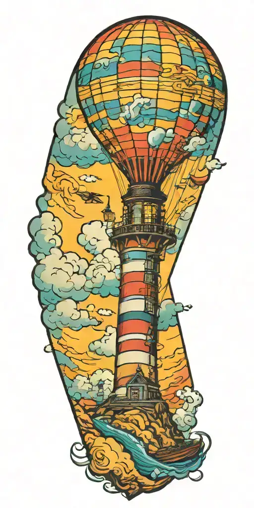 hot air balloon and a lighthouse in hurricane  tattoo design idea