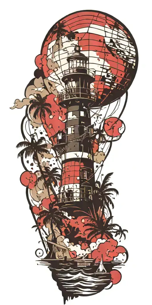 light house beach scene with palm trees and hot air balloons  tattoo design idea