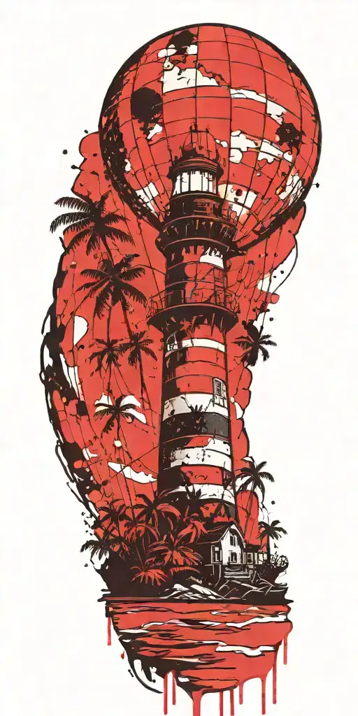light house beach scene with palm trees and hot air balloons  tattoo design idea