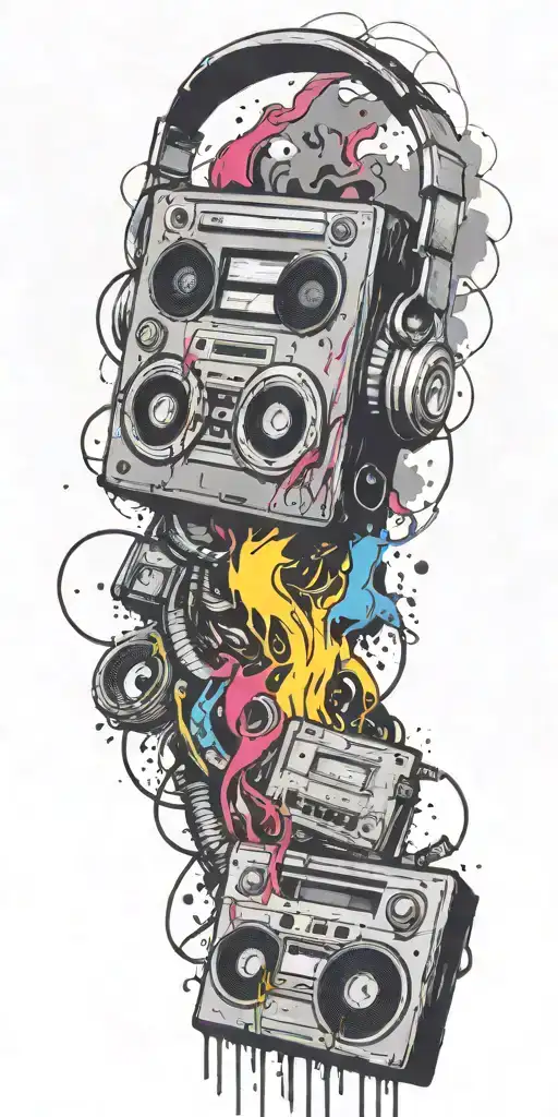 trippy cassette tape, headphones, guitar bomb exploding tattoo design idea