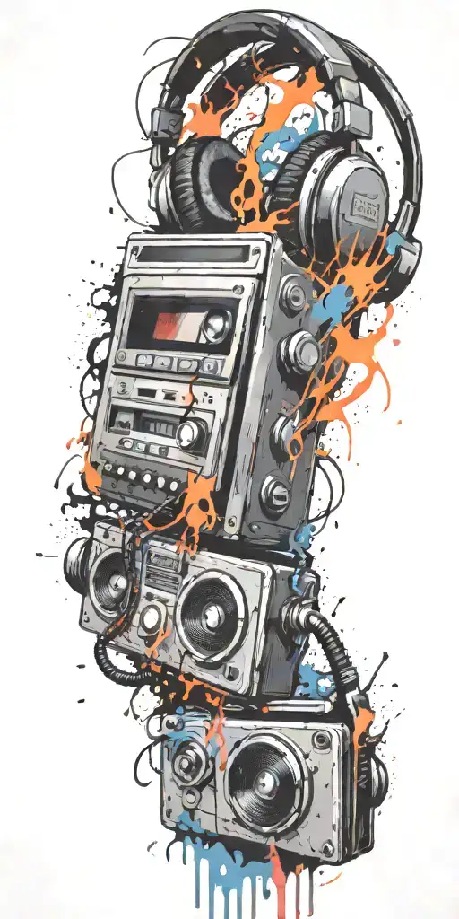 cassette tape, headphones, guitar bomb exploding tattoo design idea