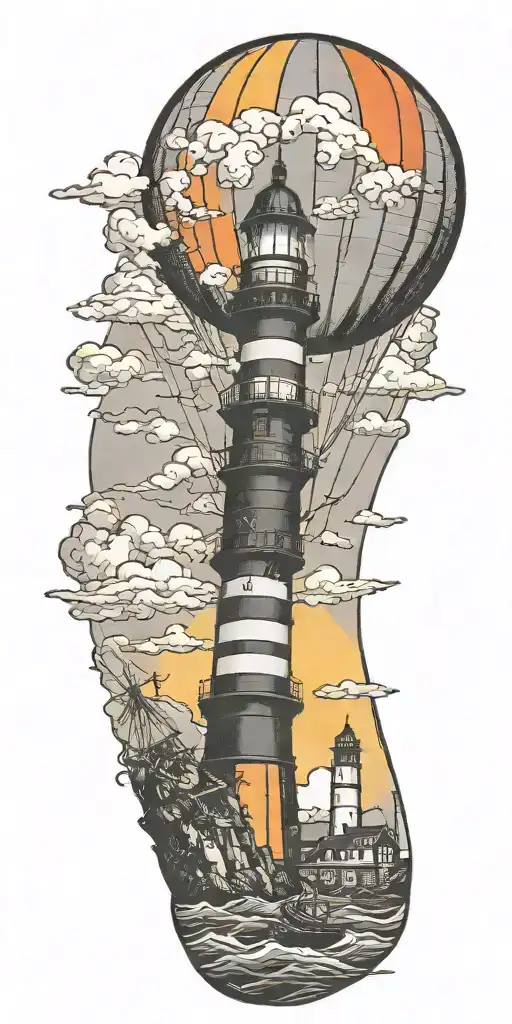 hot air balloon and a lighthouse in hurricane  tattoo design idea