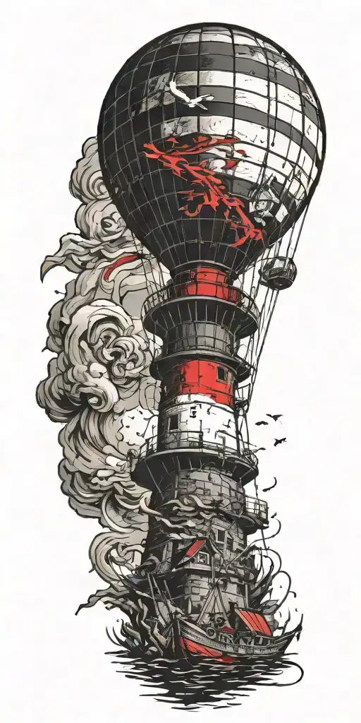 lighthouse being rescued by a hot air balloon in a tornado  tattoo design idea