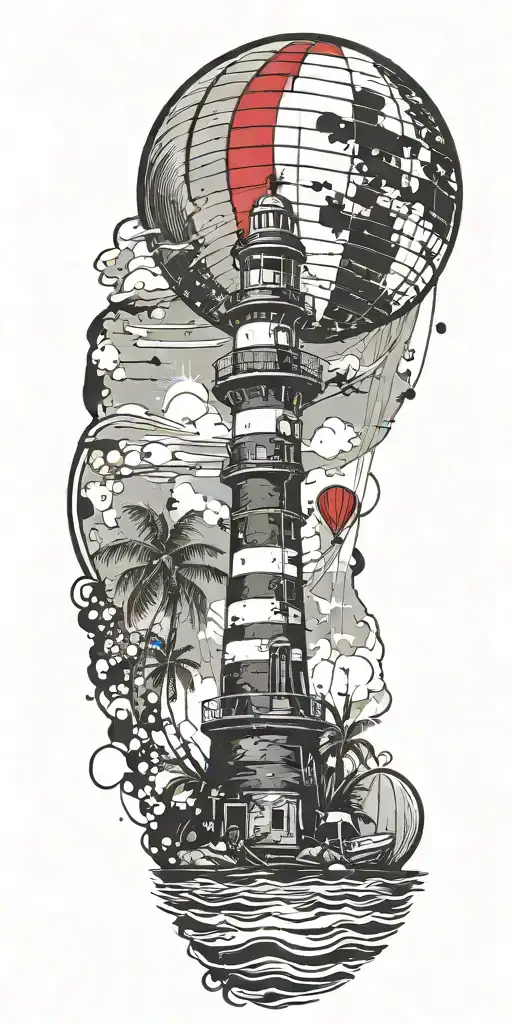 light house beach scene with palm trees and hot air balloons  tattoo design idea