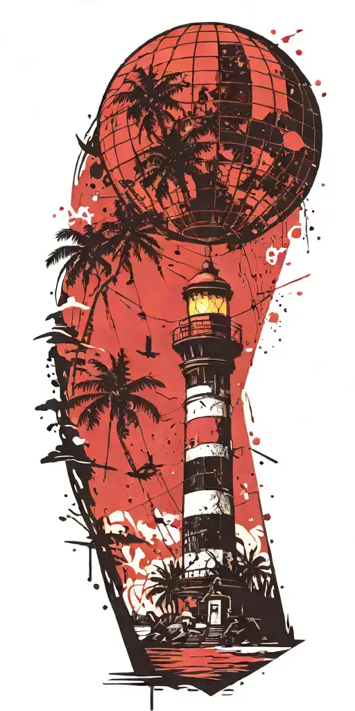 light house beach scene with palm trees and hot air balloons  tattoo design idea