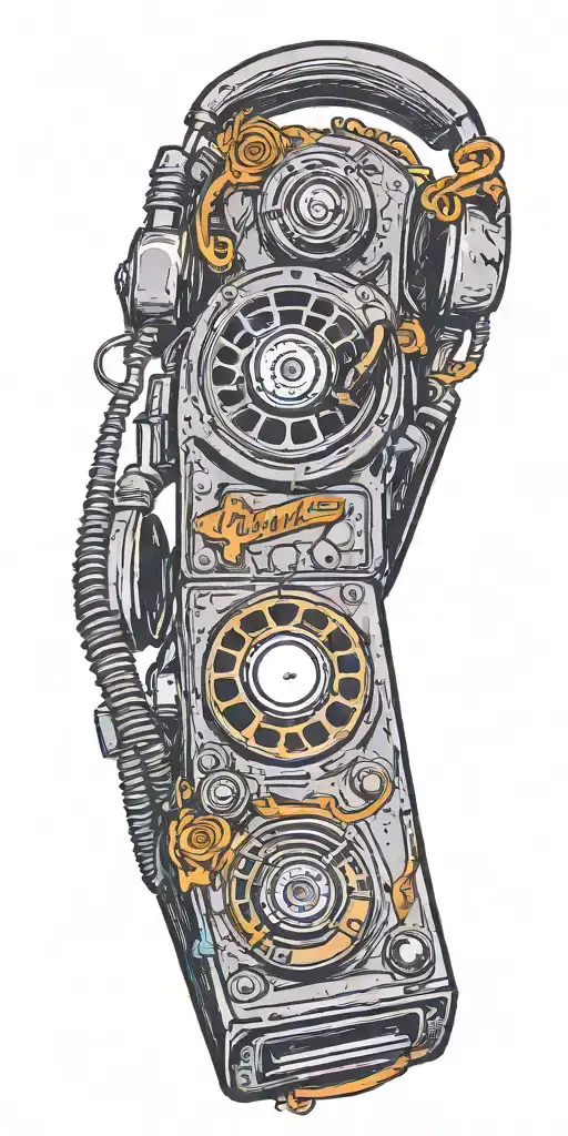 old school dial phone, speakers, record player spinning tattoo design idea