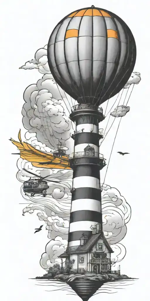 lighthouse hot air balloon and a banner plane a tornado  tattoo design idea