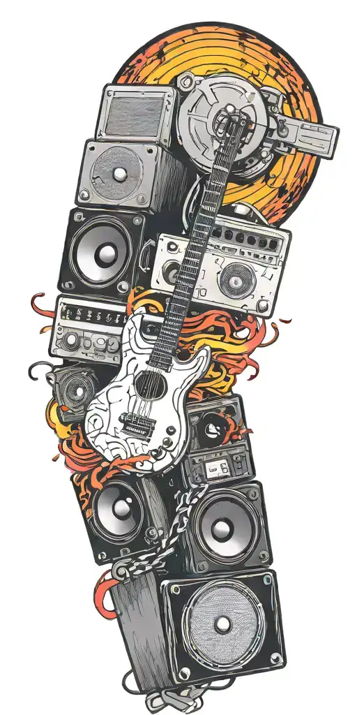 rock music bands speaker playing colorful sounds of music tattoo design idea