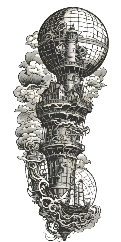 hot air balloon, lighthouse, and ship wreck tattoo design idea
