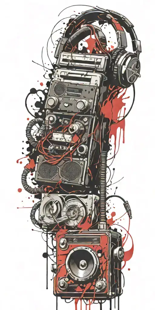 Grenade, cassette tape, headphones, guitar thunder storm  tattoo design idea