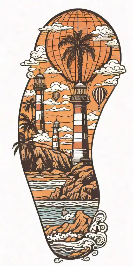 light house beach scene with palm trees and hot air balloons  tattoo design idea