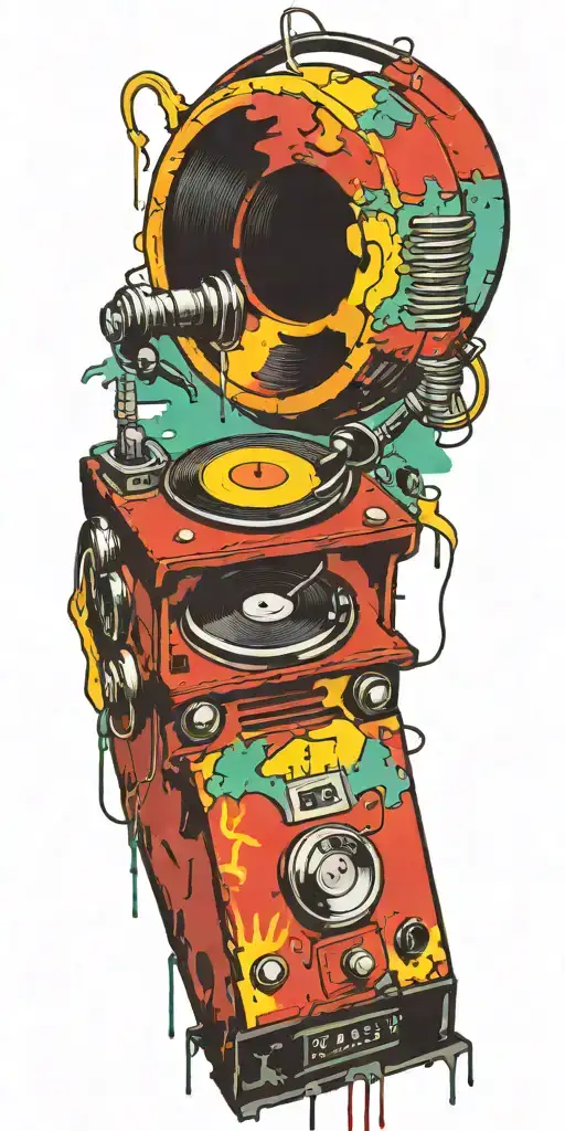 rock music record player, concert speakers, old school dial phone tornado  tattoo design idea